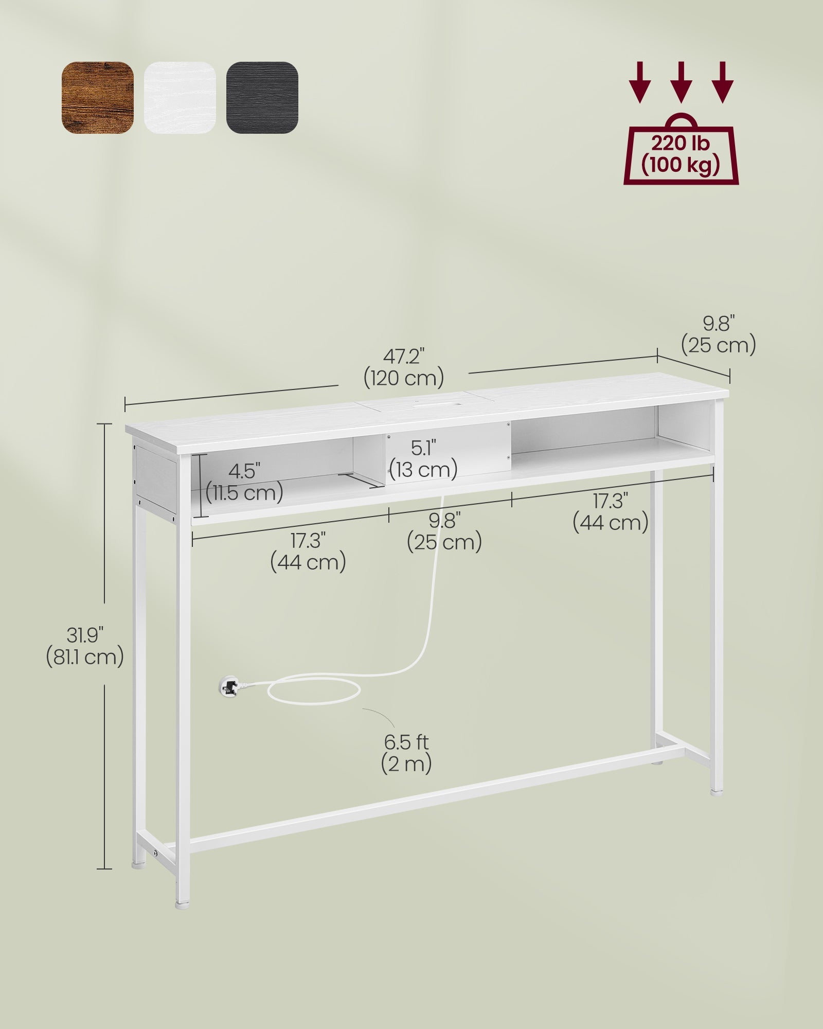 Slim Console Table – Engineered Wood – Snow White – Space-Saving Design with Charging Station and Two Compartments