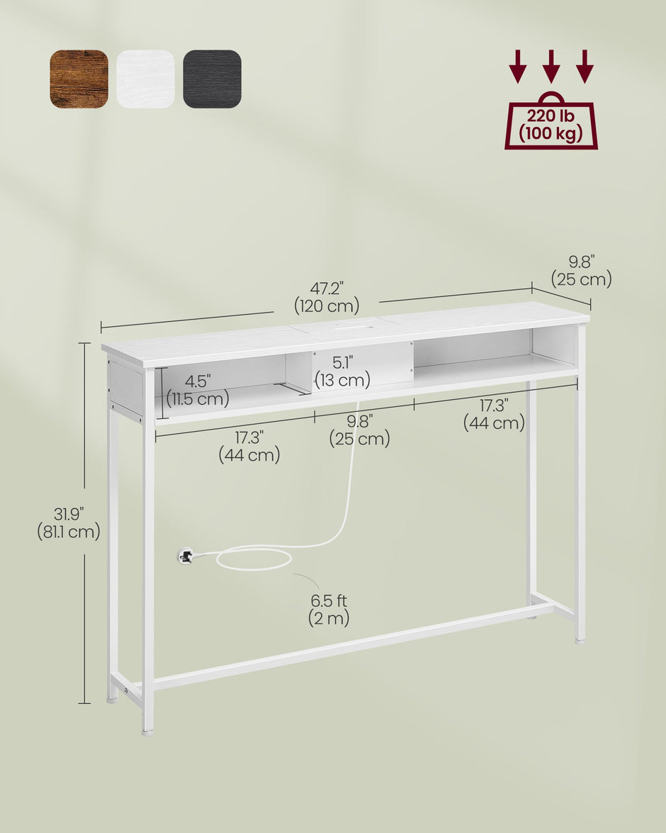 Slim Console Table – Engineered Wood – Snow White – Space-Saving Design with Charging Station and Two Compartments