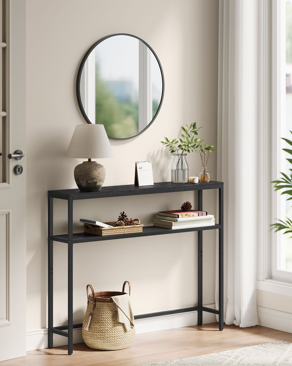2-Tier Slim Console Table – Engineered Wood – Charcoal Grey & Ink Black – 2 Shelves for Hallway