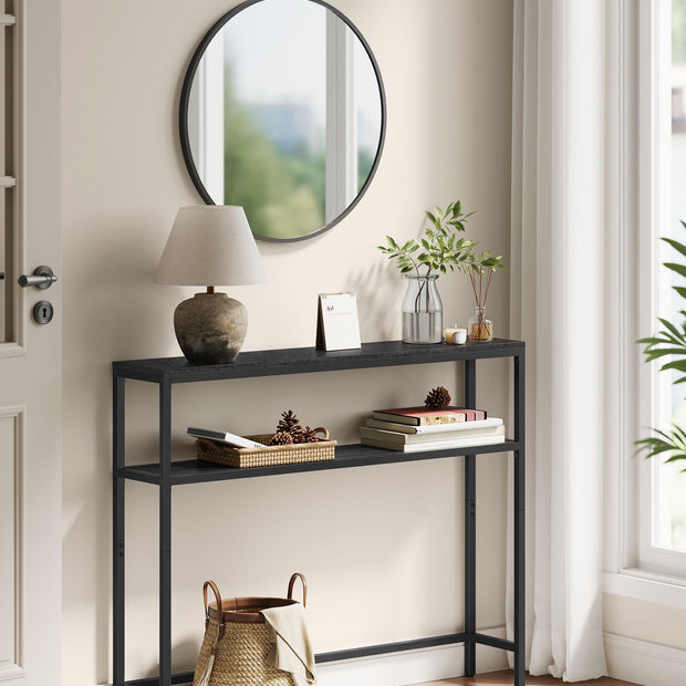 2-Tier Slim Console Table – Engineered Wood – Charcoal Grey & Ink Black – 2 Shelves for Hallway