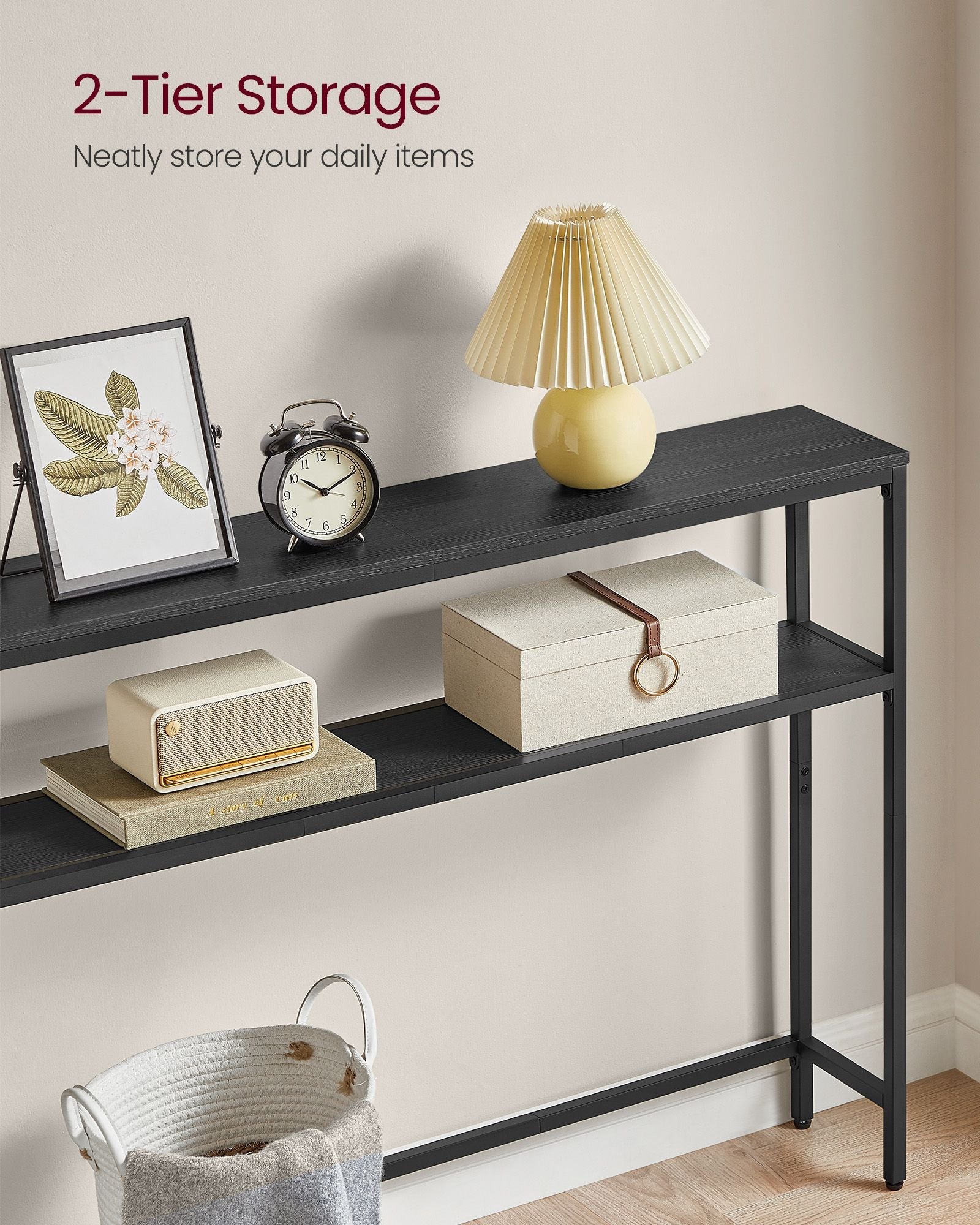2-Tier Slim Console Table – Engineered Wood – Charcoal Grey & Ink Black – 2 Shelves for Hallway