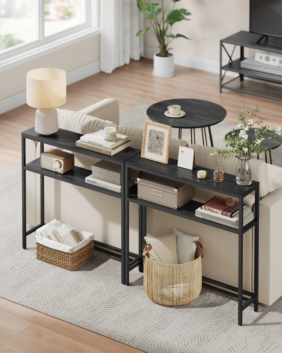 2-Tier Slim Console Table – Engineered Wood – Charcoal Grey & Ink Black – 2 Shelves for Hallway