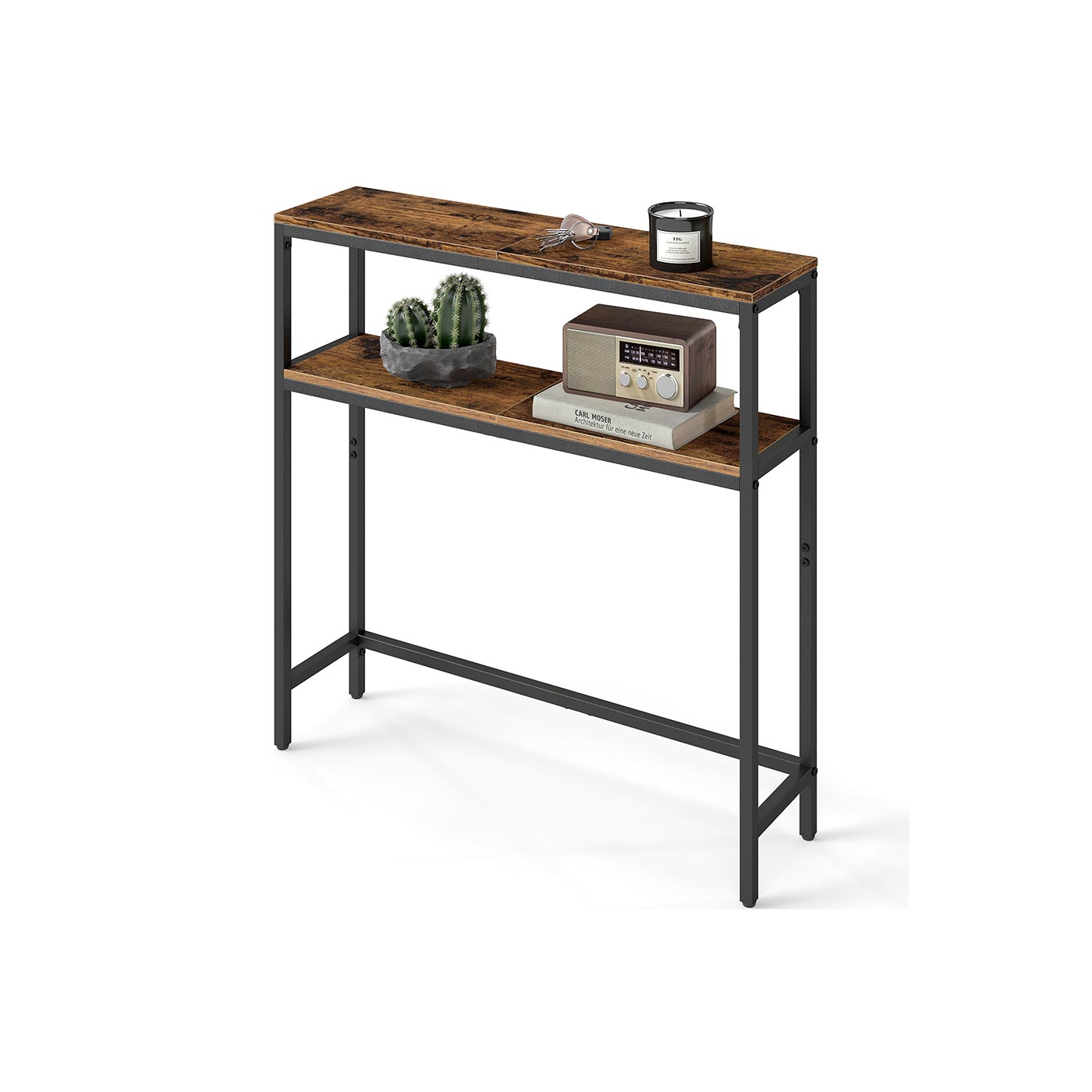 2-Tier Console Table – Wood – Rustic Brown and Ink Black – Slim Design with Shelves