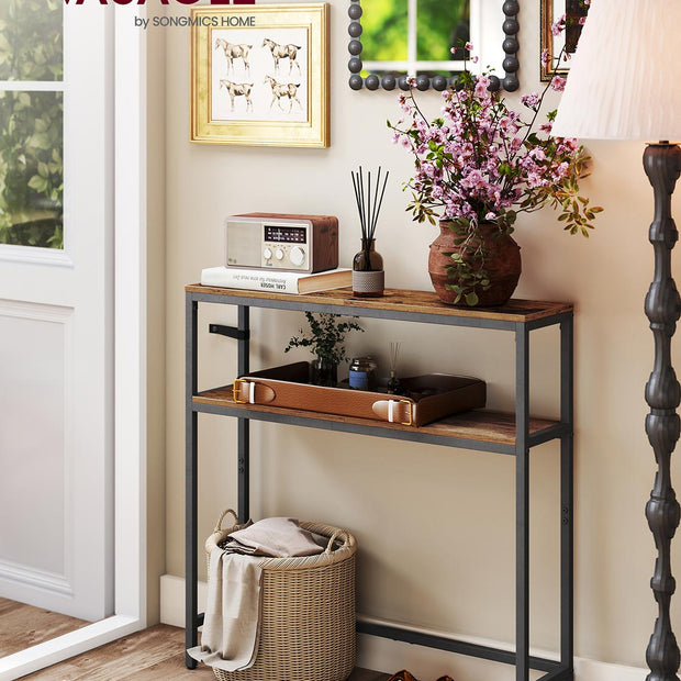 2-Tier Console Table – Wood – Rustic Brown and Ink Black – Slim Design with Shelves