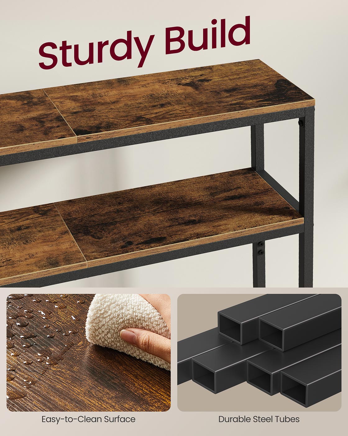 2-Tier Console Table – Wood – Rustic Brown and Ink Black – Slim Design with Shelves