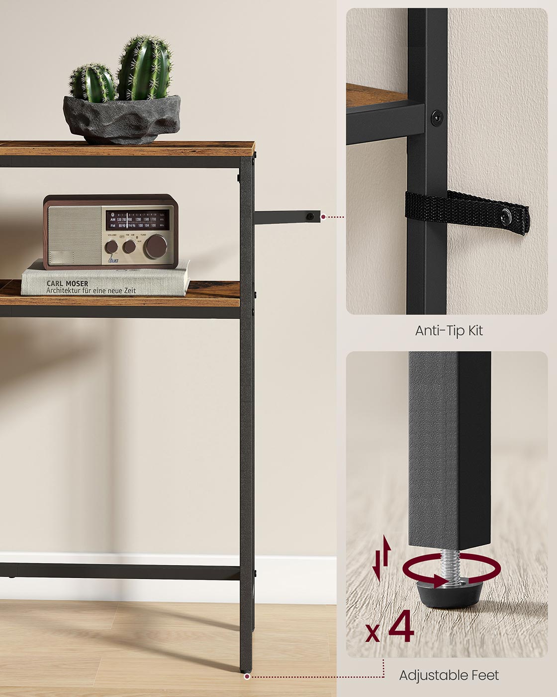 2-Tier Console Table – Wood – Rustic Brown and Ink Black – Slim Design with Shelves