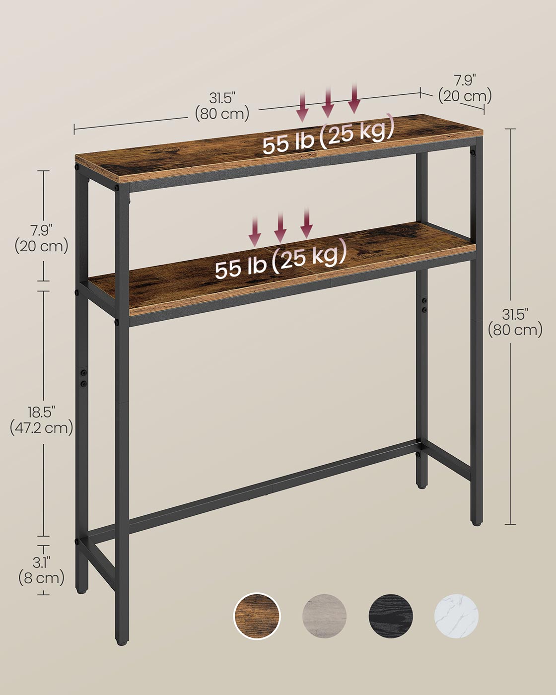 2-Tier Console Table – Wood – Rustic Brown and Ink Black – Slim Design with Shelves