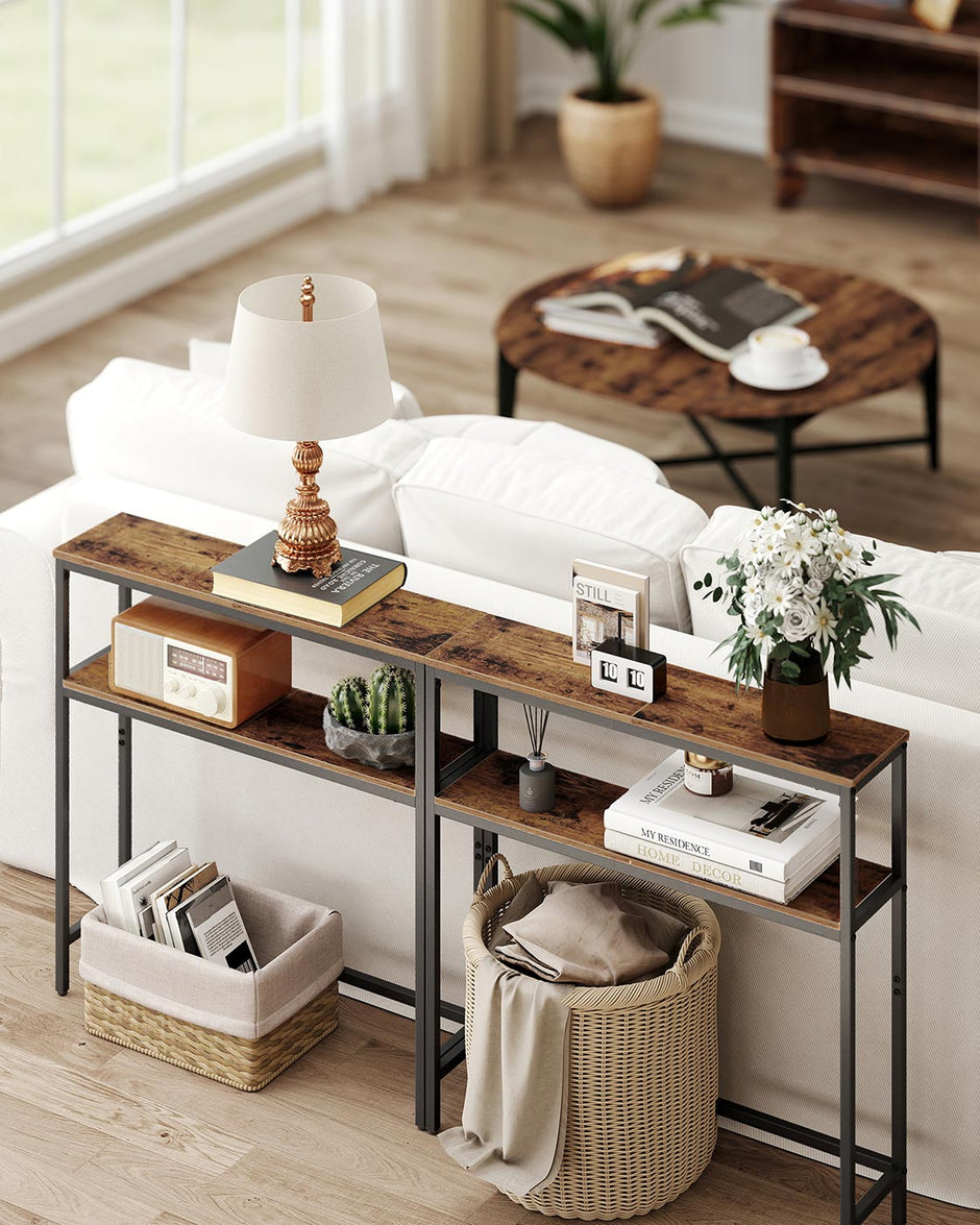 2-Tier Console Table – Wood – Rustic Brown and Ink Black – Slim Design with Shelves