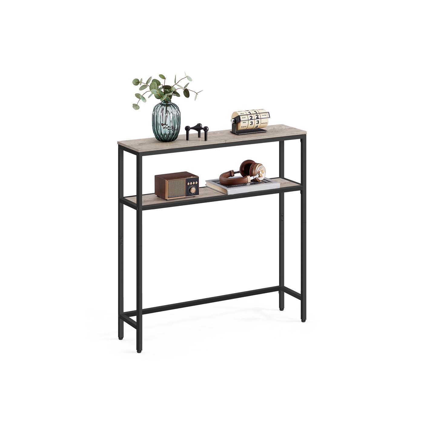 2-Tier Slim Console Table – MDF – Heather Greige and Ink Black – Hallway Table with 2 Shelves