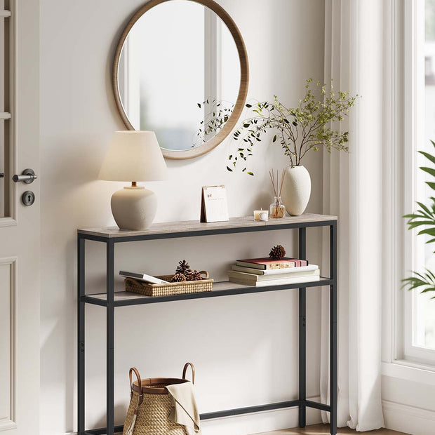 2-Tier Slim Console Table – MDF – Heather Greige and Ink Black – Hallway Table with 2 Shelves