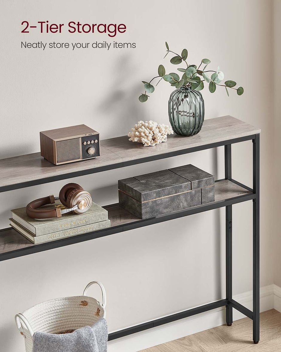 2-Tier Slim Console Table – MDF – Heather Greige and Ink Black – Hallway Table with 2 Shelves