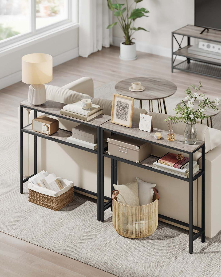 2-Tier Slim Console Table – MDF – Heather Greige and Ink Black – Hallway Table with 2 Shelves