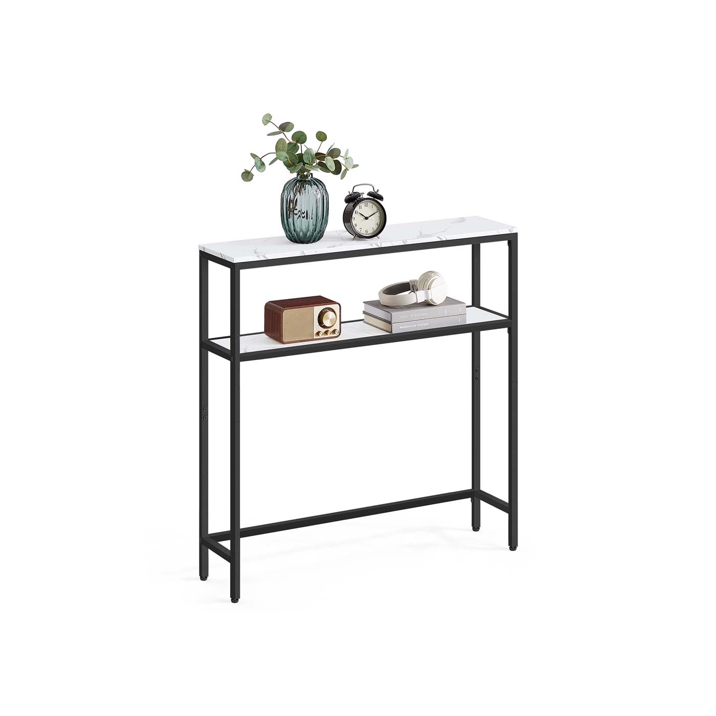 Console Table – Marble – White and Ink Black – 2-Tier Design with Shelves