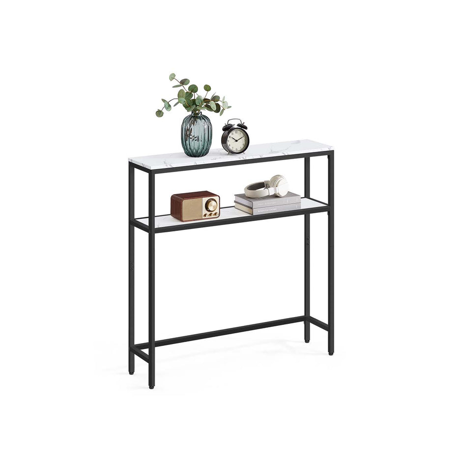 Console Table – Marble – White and Ink Black – 2-Tier Design with Shelves