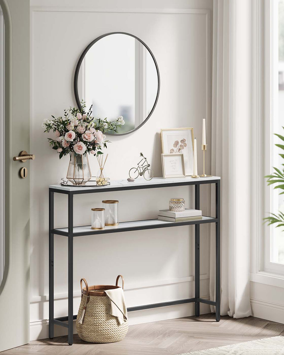 Console Table – Marble – White and Ink Black – 2-Tier Design with Shelves