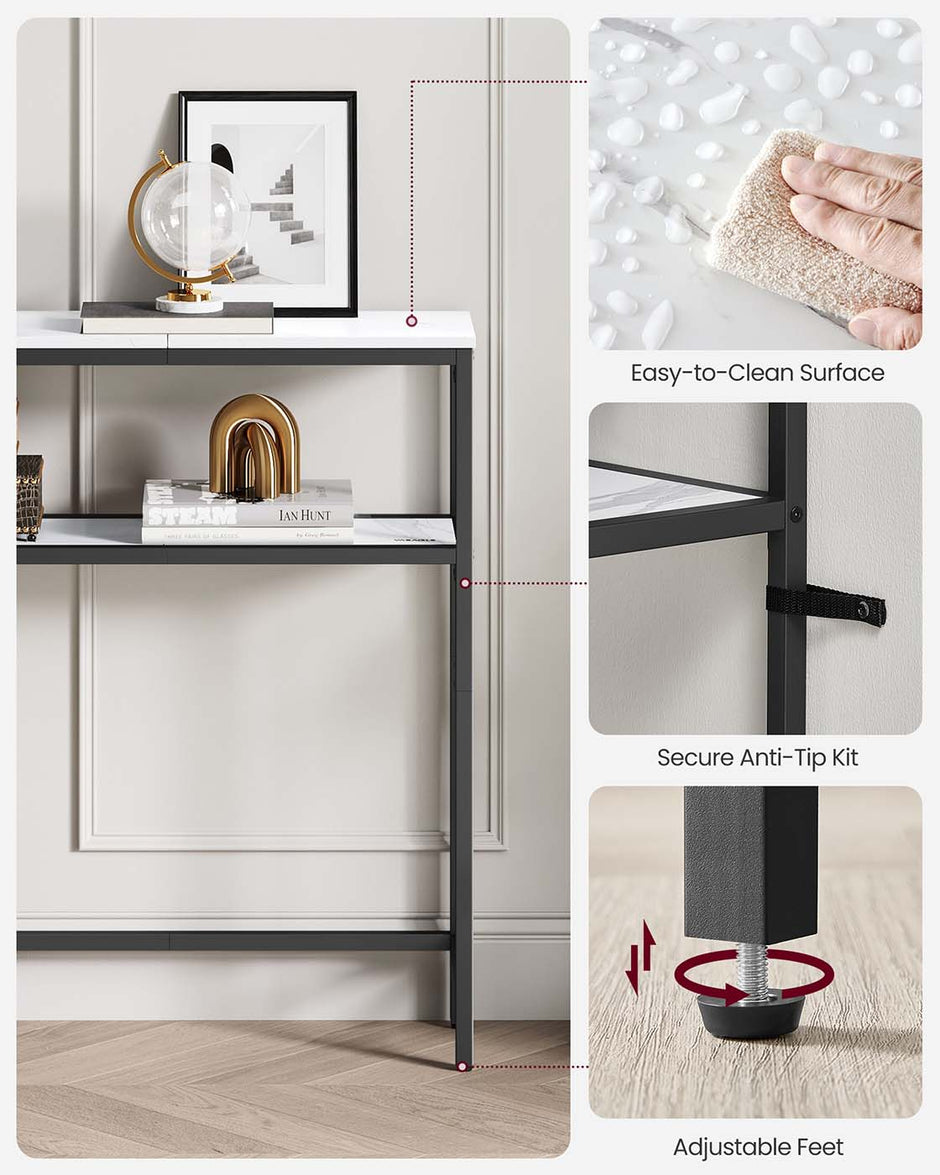 Console Table – Marble – White and Ink Black – 2-Tier Design with Shelves