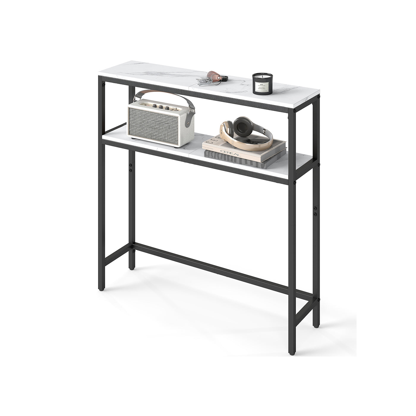 2-Tier Console Table – Marble and Metal – White and Black – Slim Design for Hallway