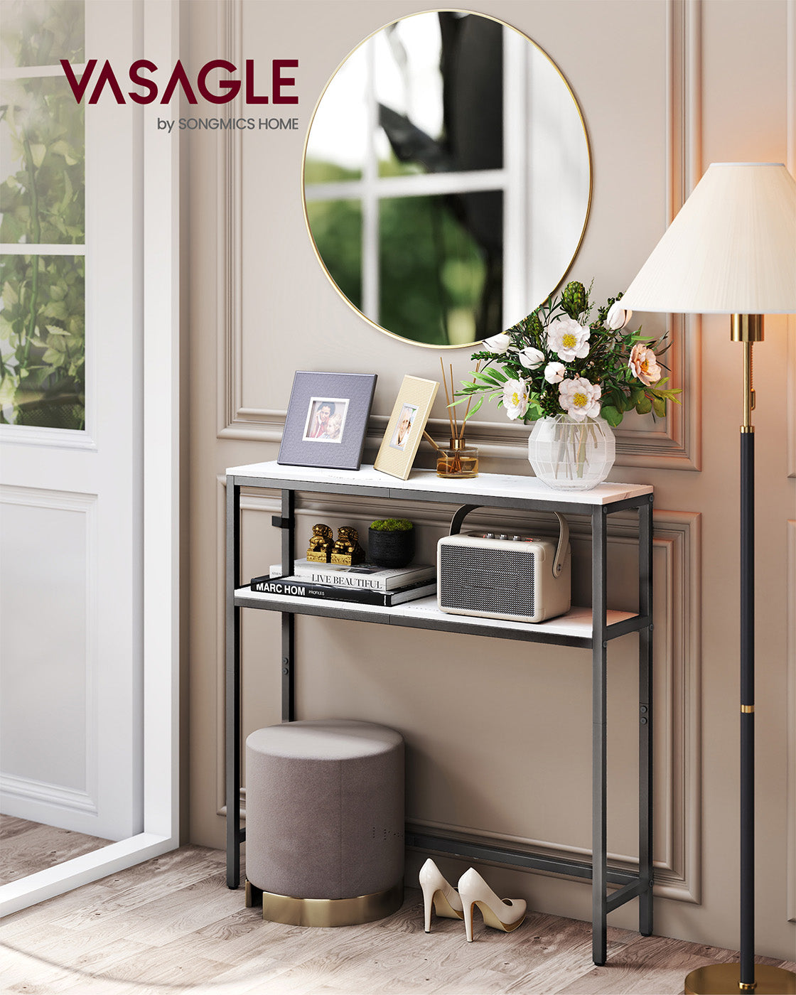 2-Tier Console Table – Marble and Metal – White and Black – Slim Design for Hallway