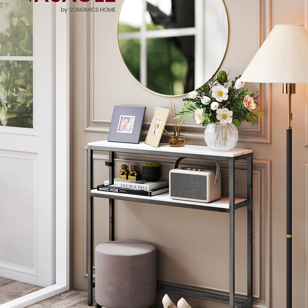 2-Tier Console Table – Marble and Metal – White and Black – Slim Design for Hallway