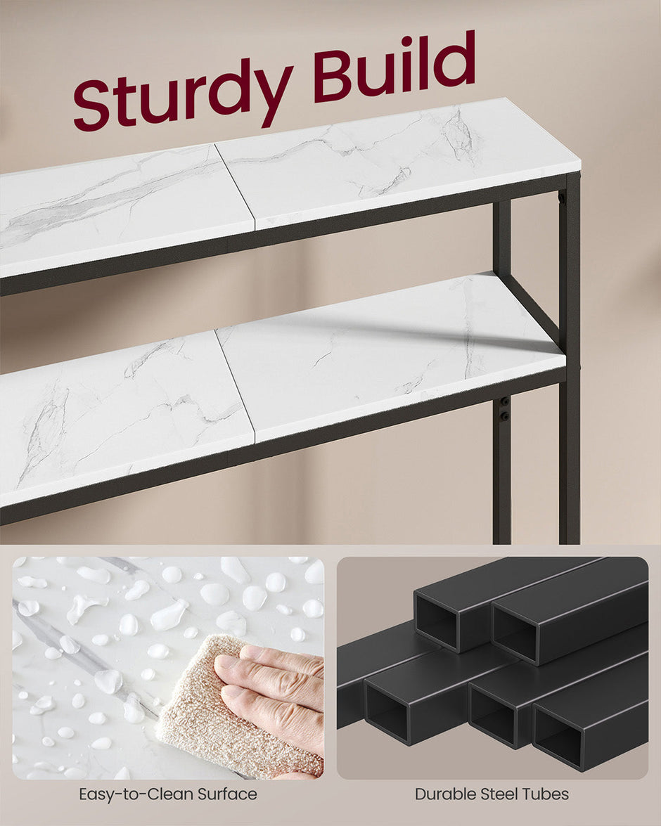 2-Tier Console Table – Marble and Metal – White and Black – Slim Design for Hallway