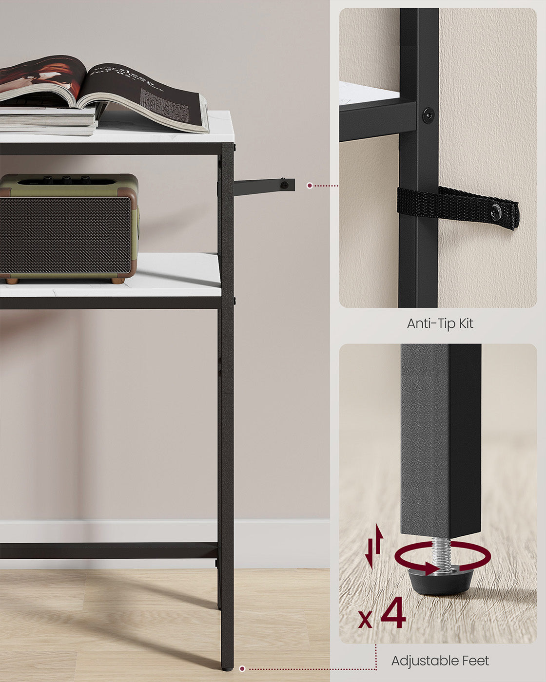2-Tier Console Table – Marble and Metal – White and Black – Slim Design for Hallway