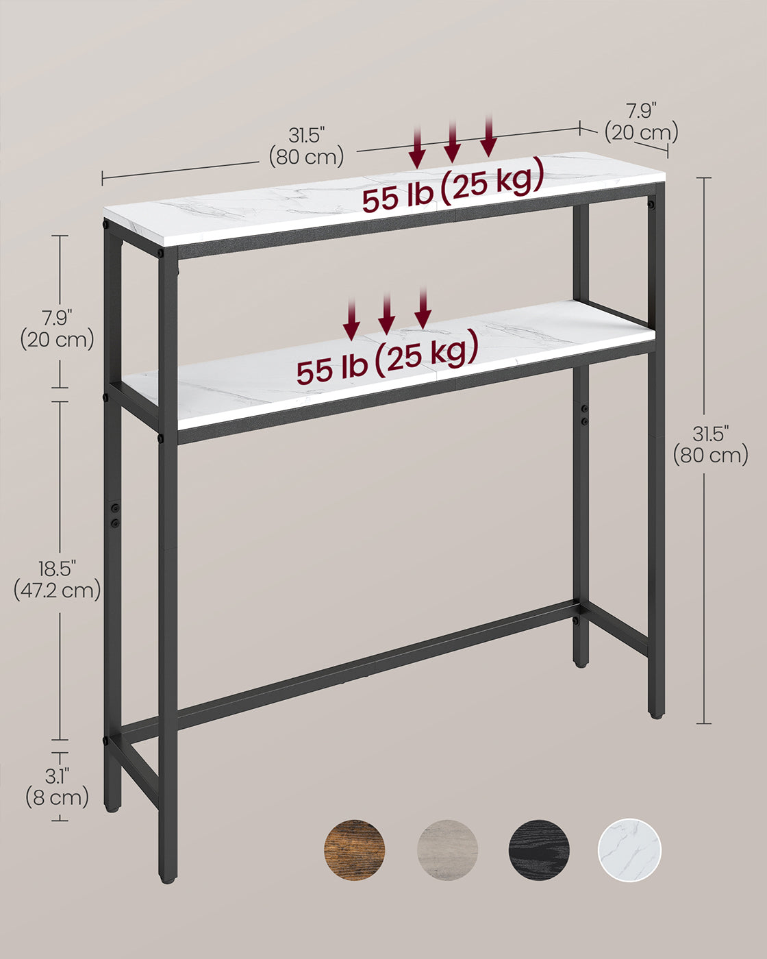2-Tier Console Table – Marble and Metal – White and Black – Slim Design for Hallway