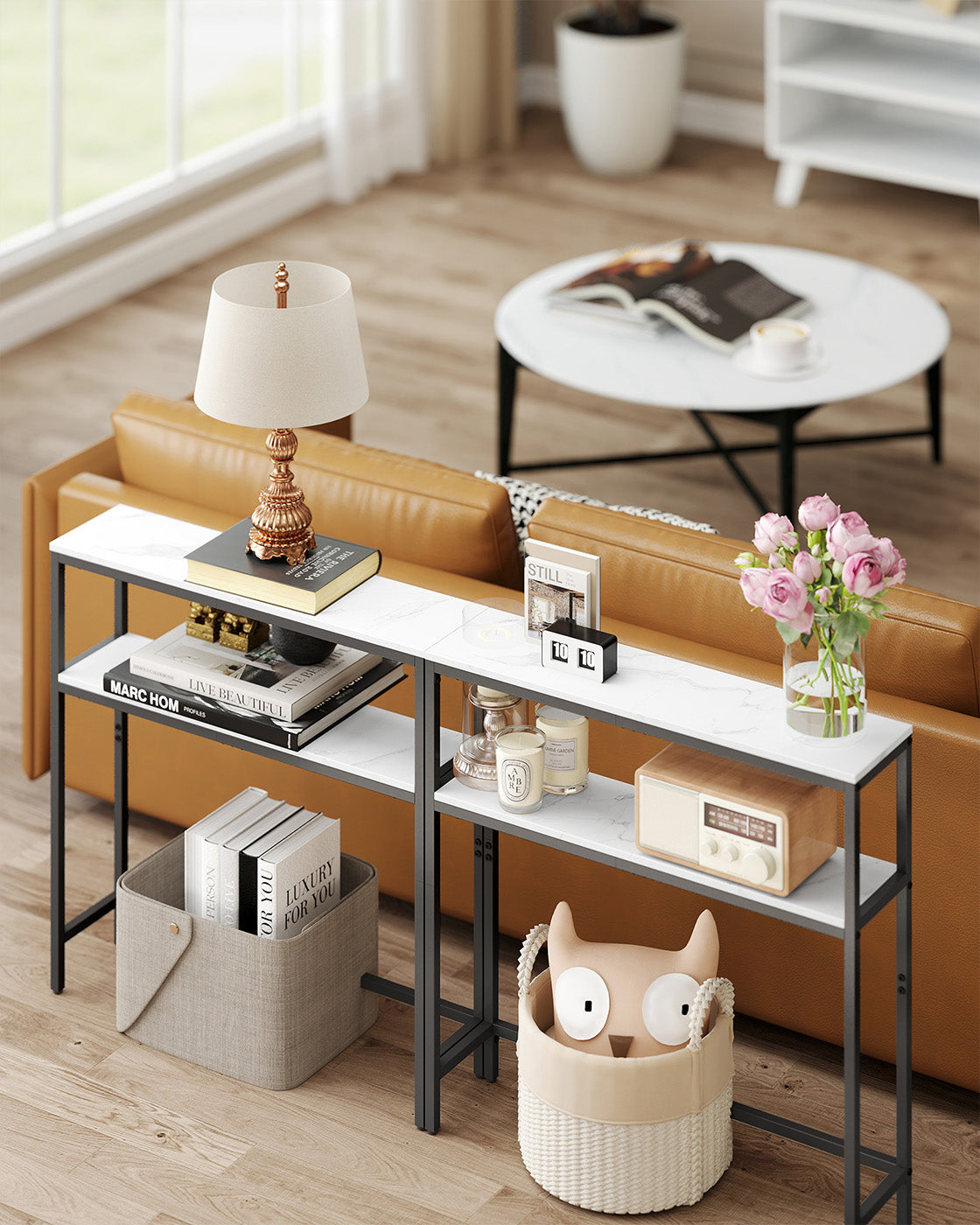 2-Tier Console Table – Marble and Metal – White and Black – Slim Design for Hallway