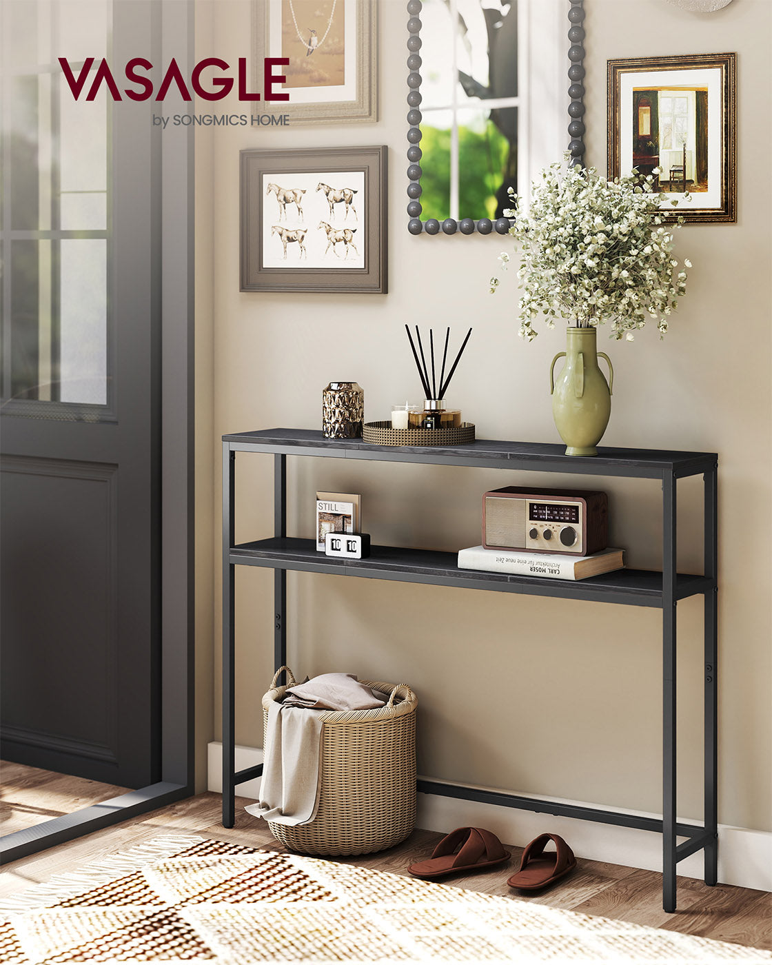 Console Table – Wood – Charcoal Grey and Ink Black – 2-Tier Design with 2 Shelves