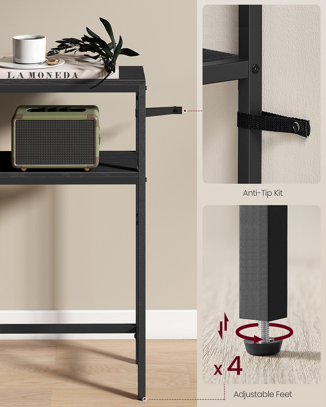 Console Table – Wood – Charcoal Grey and Ink Black – 2-Tier Design with 2 Shelves