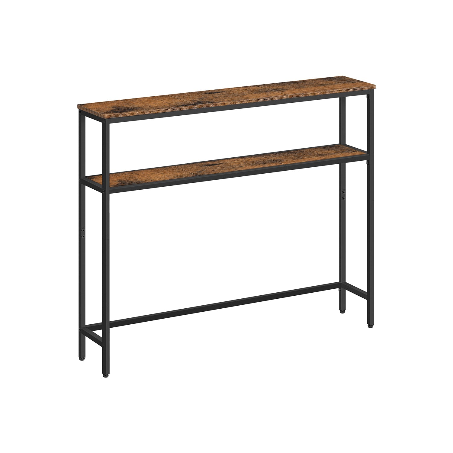 Console Table – Wood and Metal – Rustic Brown and Ink Black – 2-Tier Design with Shelves