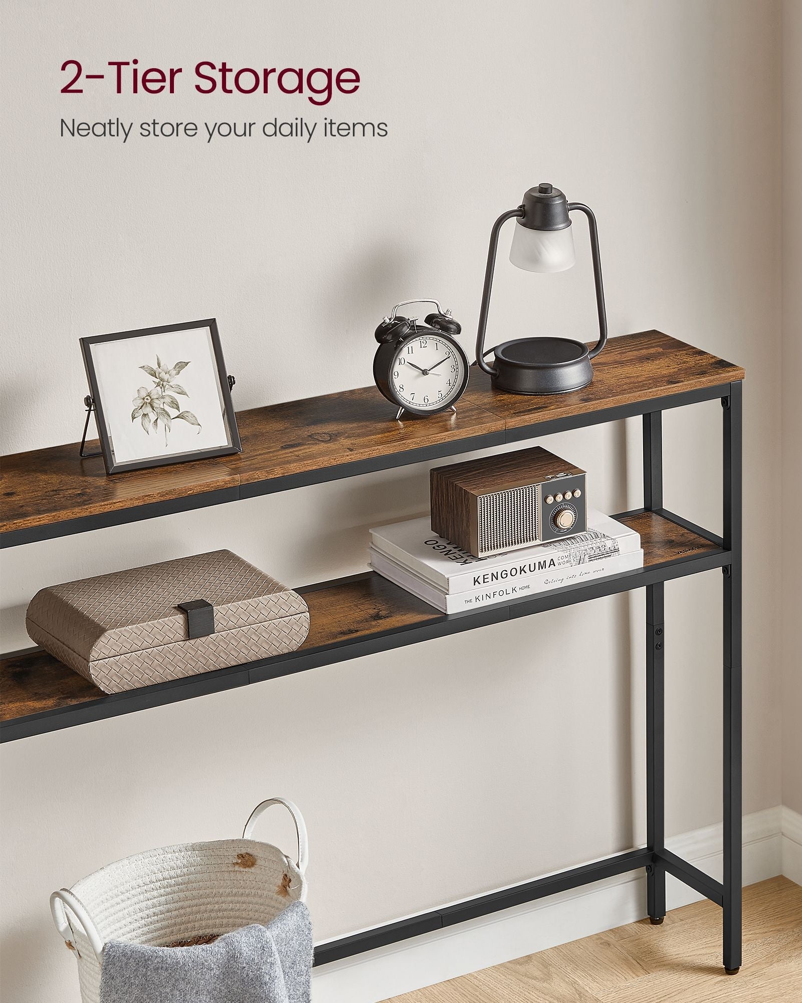 Console Table – Wood and Metal – Rustic Brown and Ink Black – 2-Tier Design with Shelves