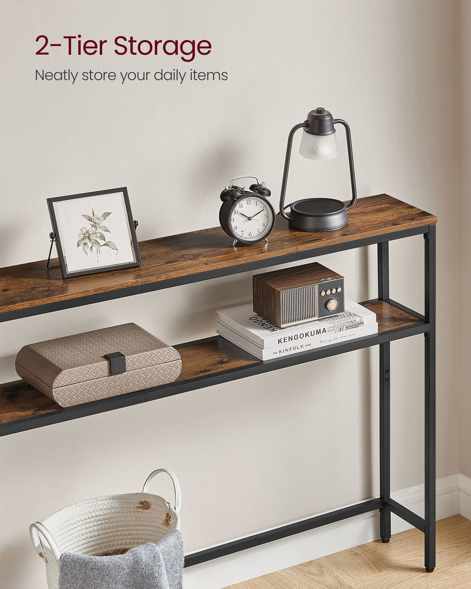 Console Table – Wood and Metal – Rustic Brown and Ink Black – 2-Tier Design with Shelves