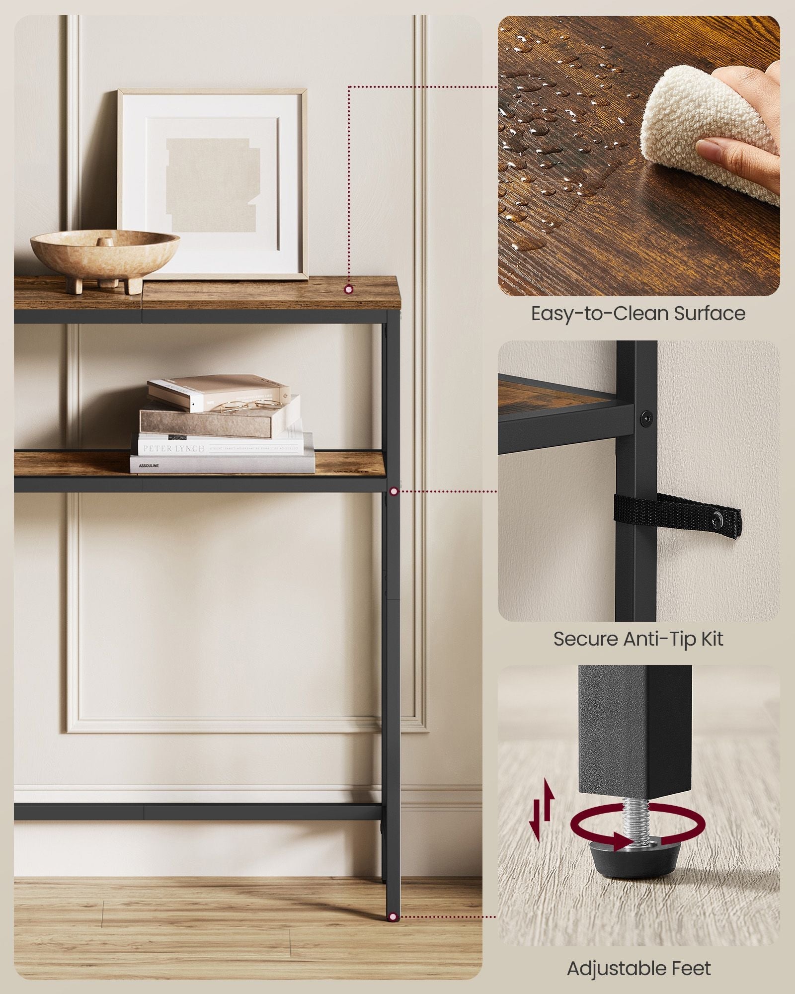 Console Table – Wood and Metal – Rustic Brown and Ink Black – 2-Tier Design with Shelves