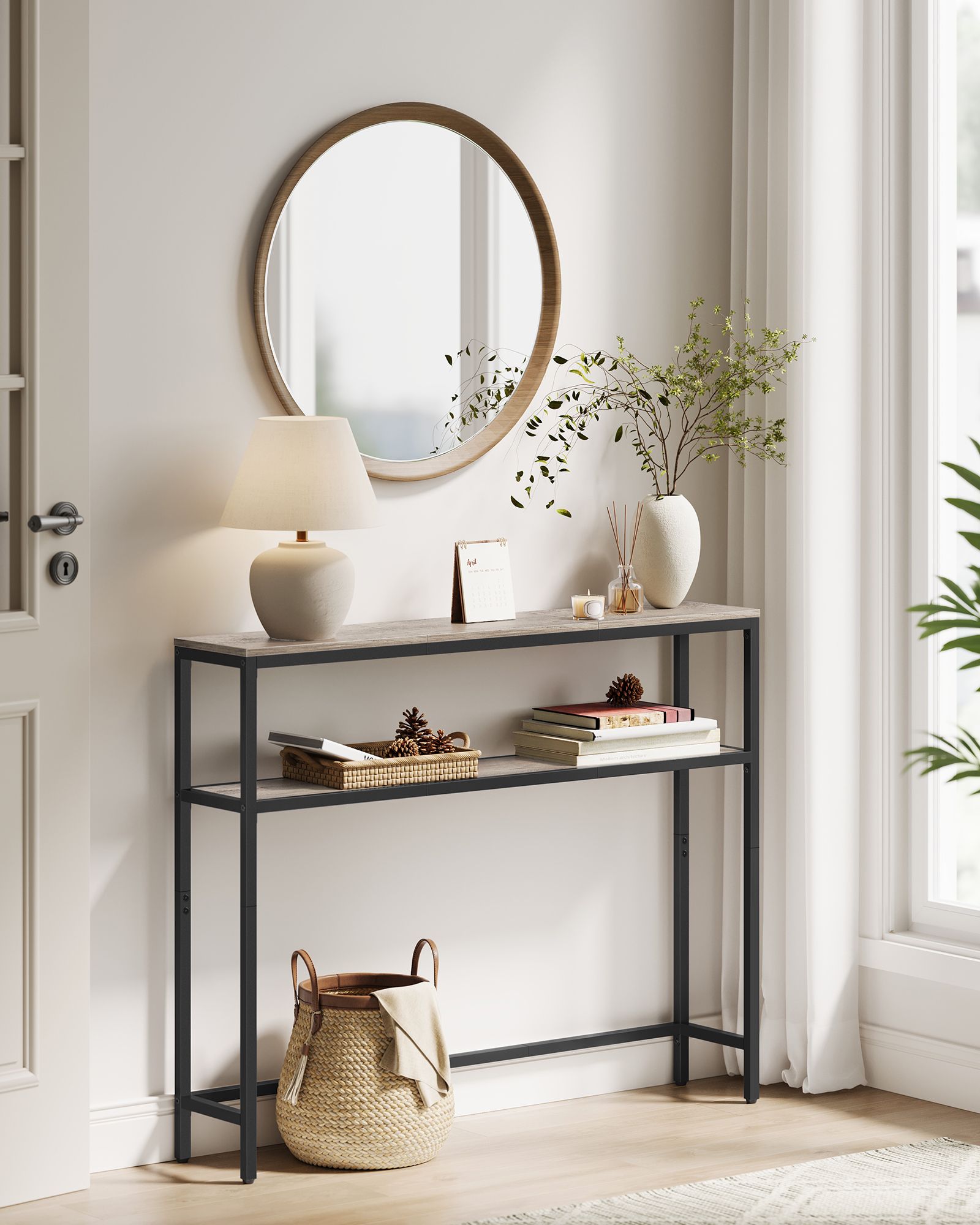 Console Table – Engineered Wood – Heather Greige and Ink Black – 2-Tier Design