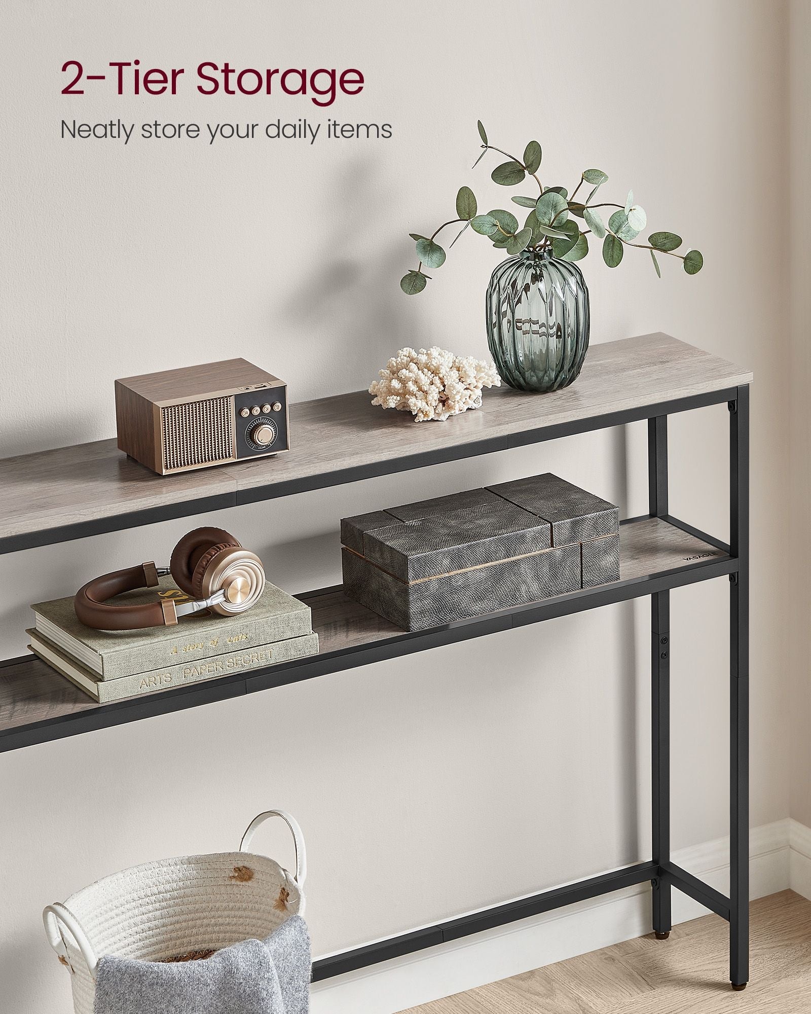 Console Table – Engineered Wood – Heather Greige and Ink Black – 2-Tier Design