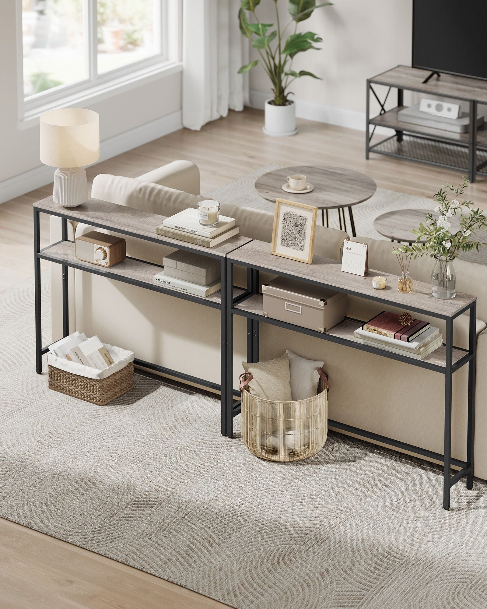 Console Table – Engineered Wood – Heather Greige and Ink Black – 2-Tier Design