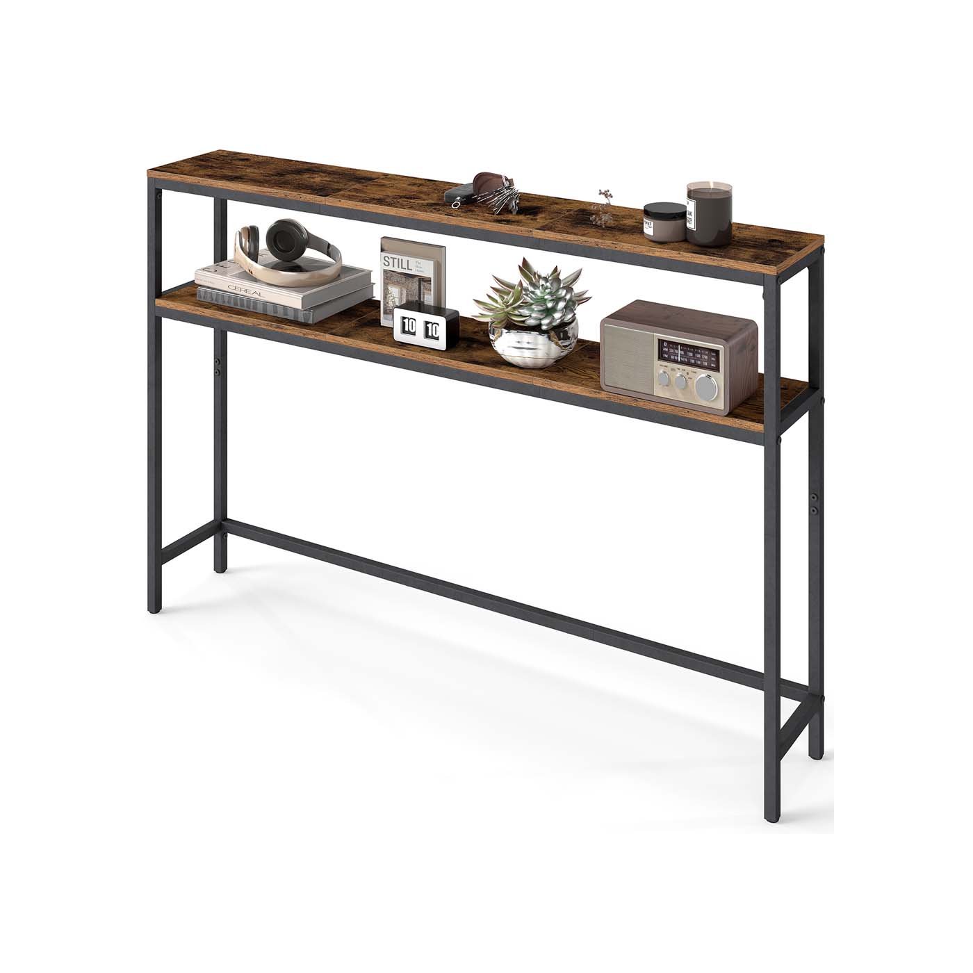 2-Tier Console Table – Wood and Metal – Rustic Brown and Ink Black – Slim Design with 2 Shelves