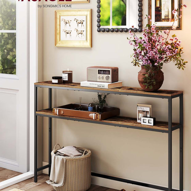 2-Tier Console Table – Wood and Metal – Rustic Brown and Ink Black – Slim Design with 2 Shelves