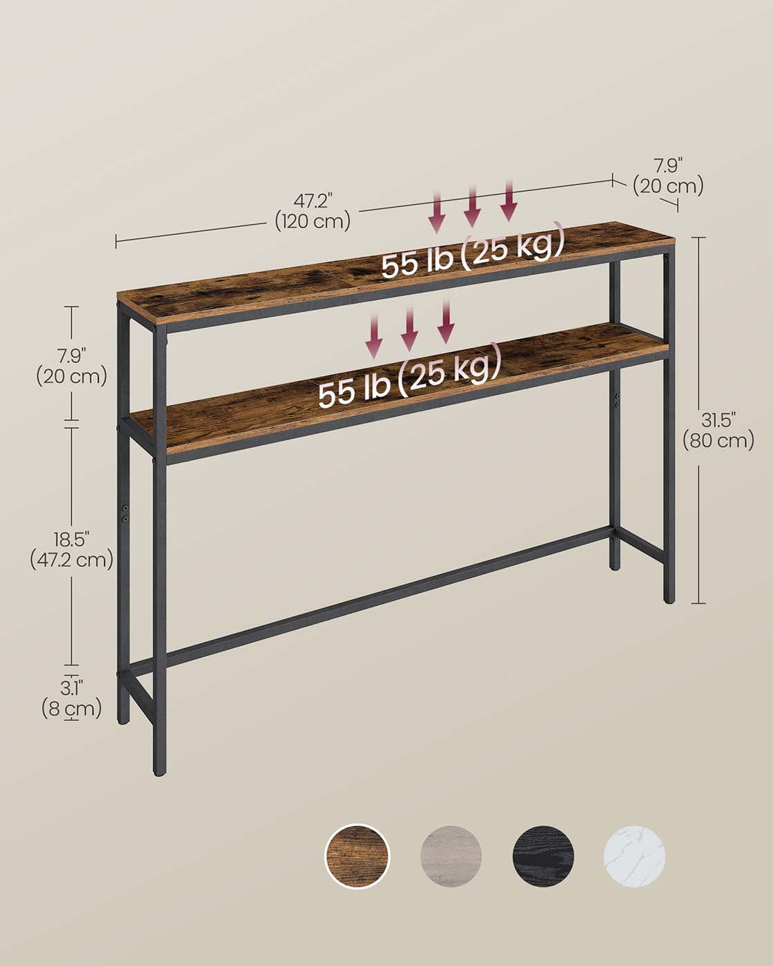 2-Tier Console Table – Wood and Metal – Rustic Brown and Ink Black – Slim Design with 2 Shelves