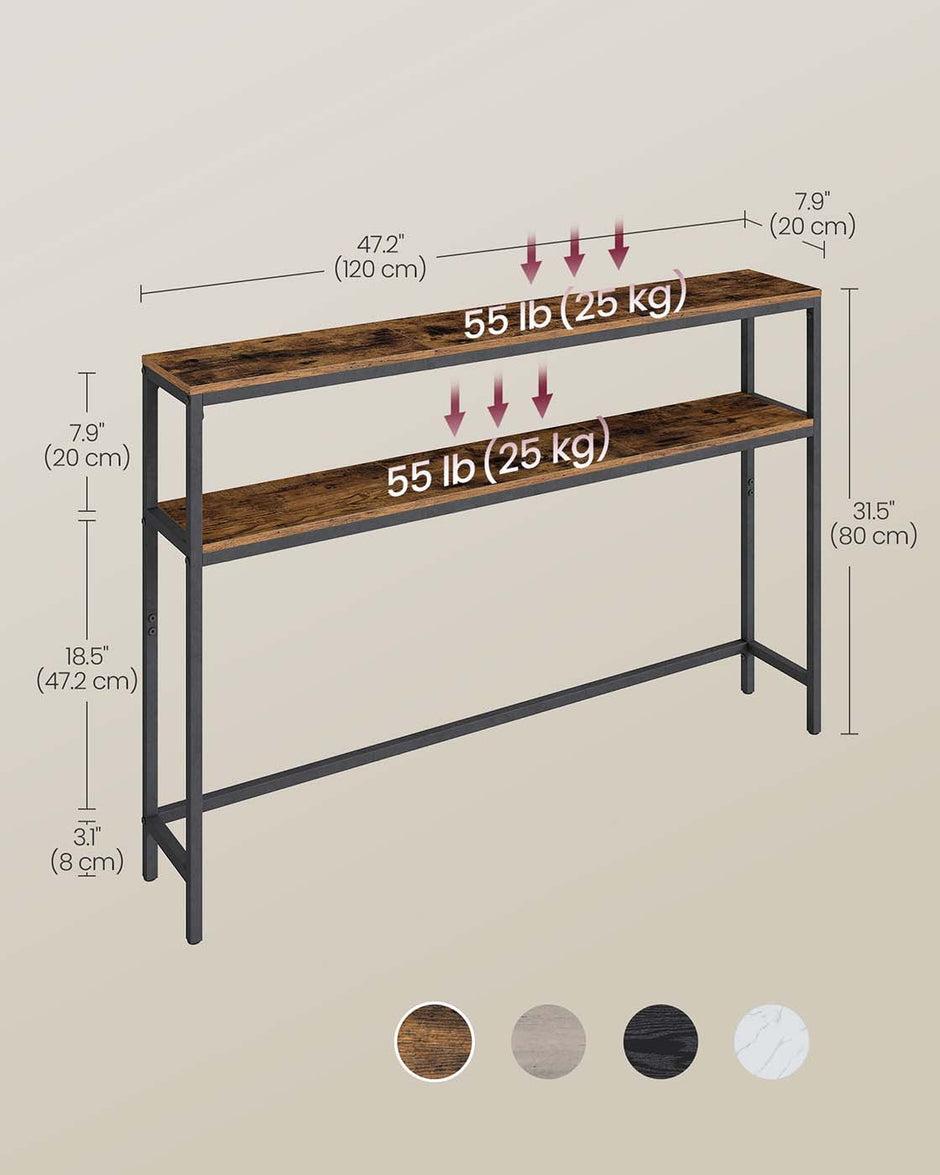 2-Tier Console Table – Wood and Metal – Rustic Brown and Ink Black – Slim Design with 2 Shelves