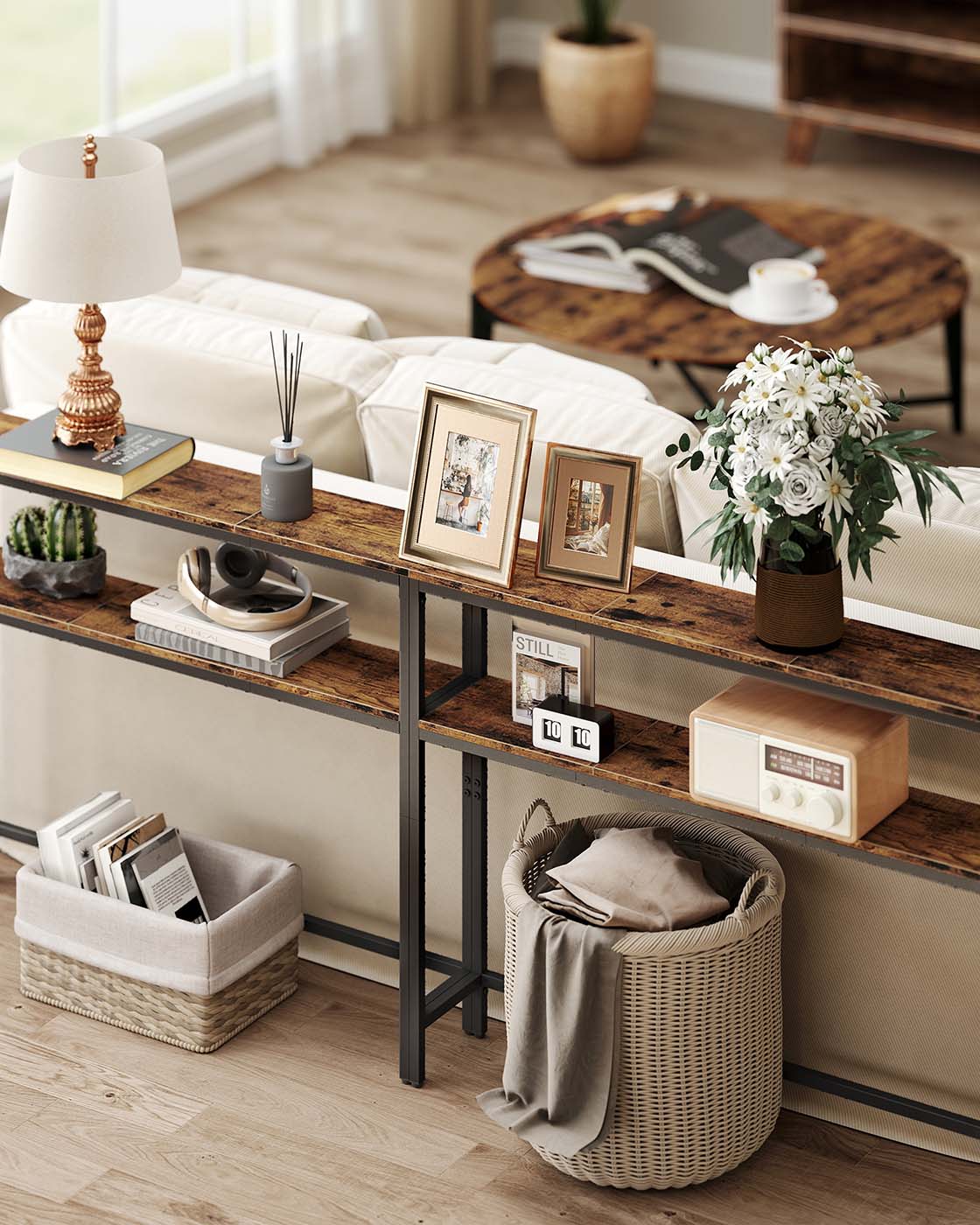 2-Tier Console Table – Wood and Metal – Rustic Brown and Ink Black – Slim Design with 2 Shelves