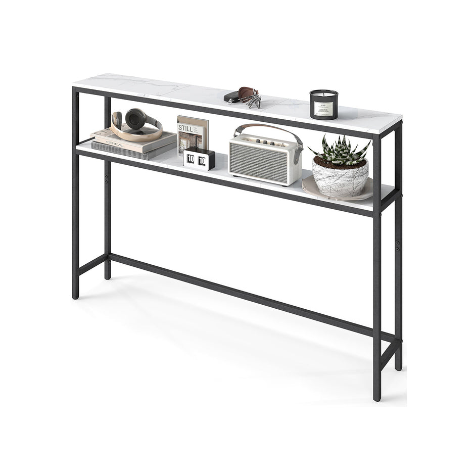 2-Tier Console Table – Marble and Metal – White and Black – Slim Design with 2 Shelves