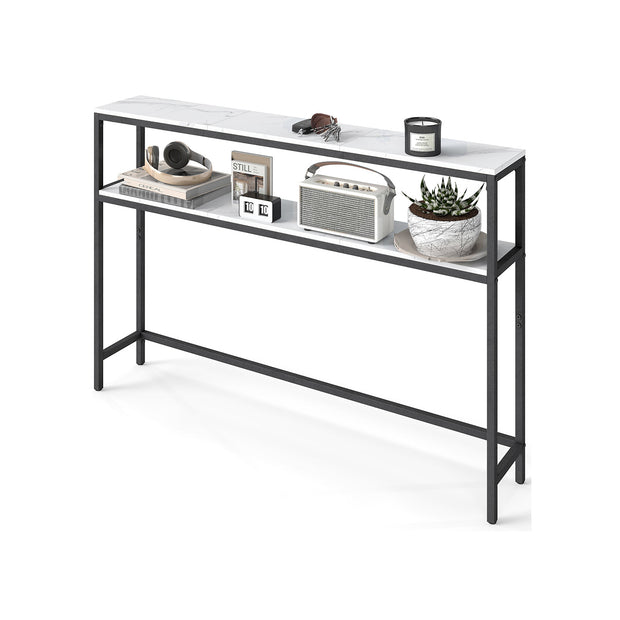 2-Tier Console Table – Marble and Metal – White and Black – Slim Design with 2 Shelves