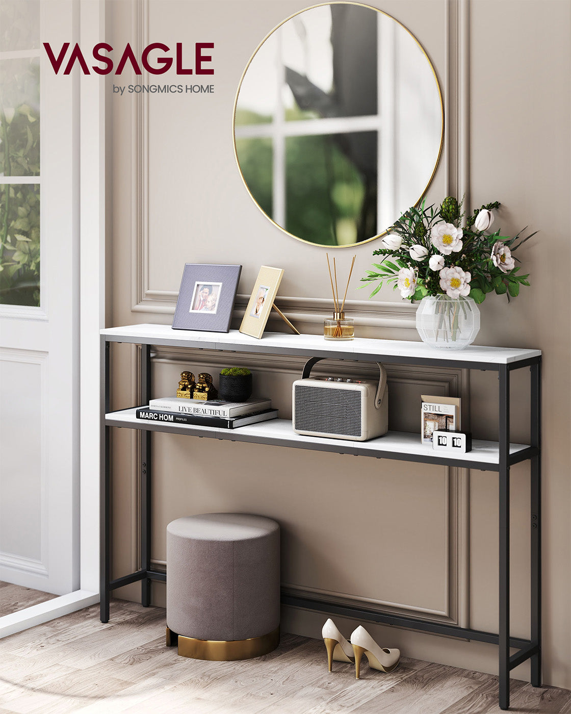 2-Tier Console Table – Marble and Metal – White and Black – Slim Design with 2 Shelves