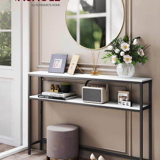 2-Tier Console Table – Marble and Metal – White and Black – Slim Design with 2 Shelves