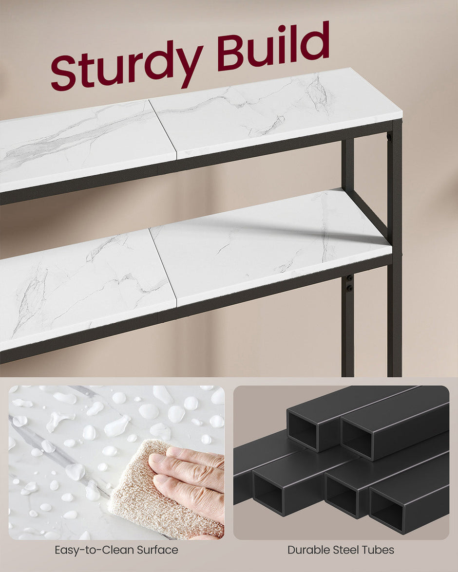 2-Tier Console Table – Marble and Metal – White and Black – Slim Design with 2 Shelves