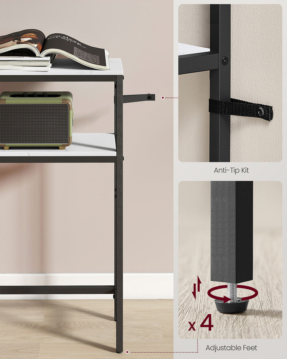 2-Tier Console Table – Marble and Metal – White and Black – Slim Design with 2 Shelves