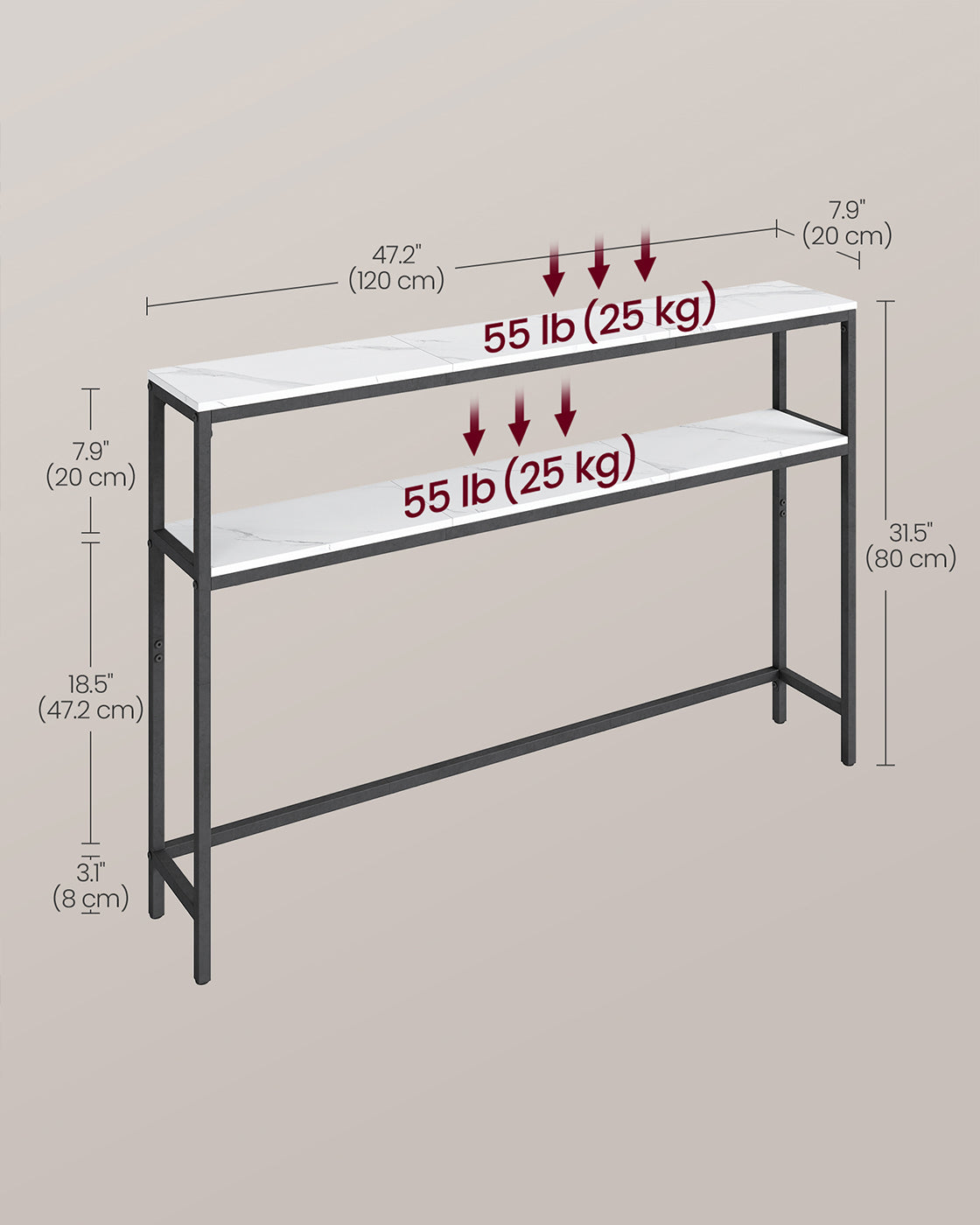 2-Tier Console Table – Marble and Metal – White and Black – Slim Design with 2 Shelves