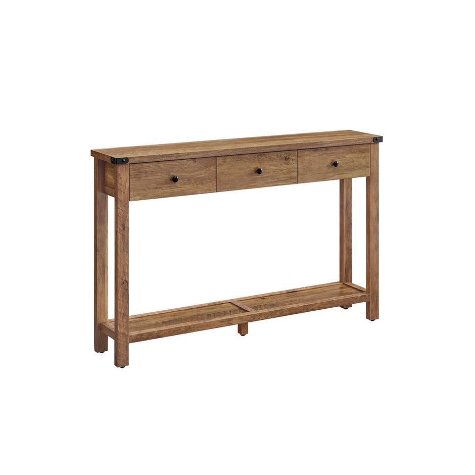 Console Table – Wood – Rustic Walnut – 3 Drawers with Open Shelf
