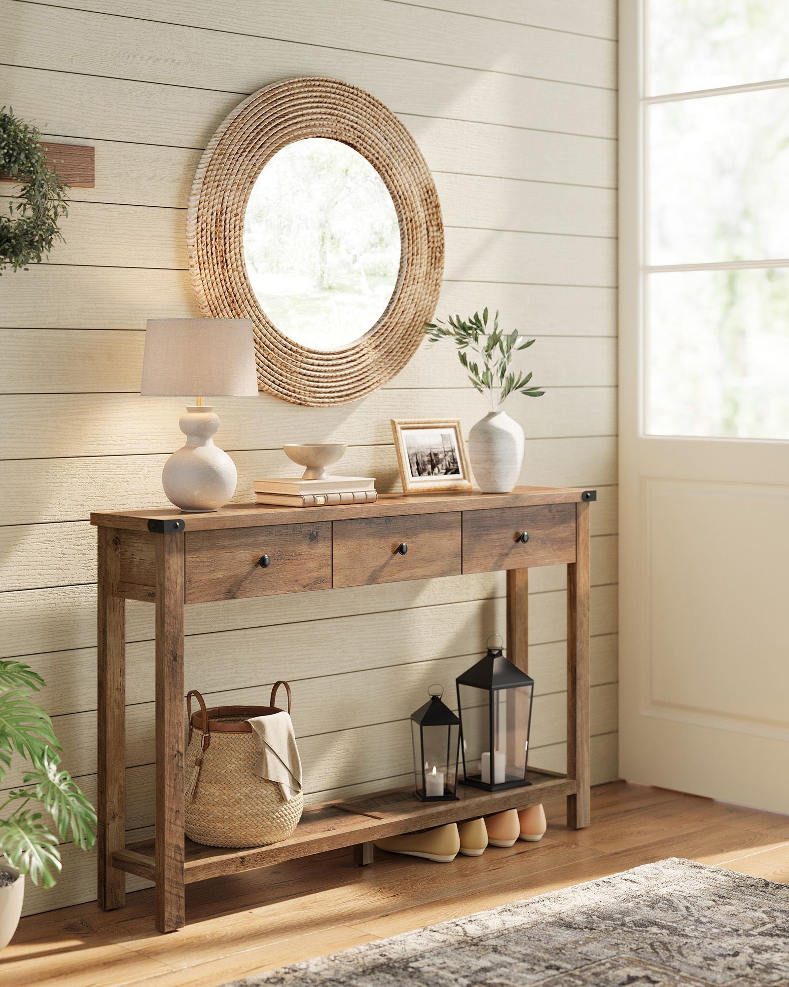 Console Table – Wood – Rustic Walnut – 3 Drawers with Open Shelf